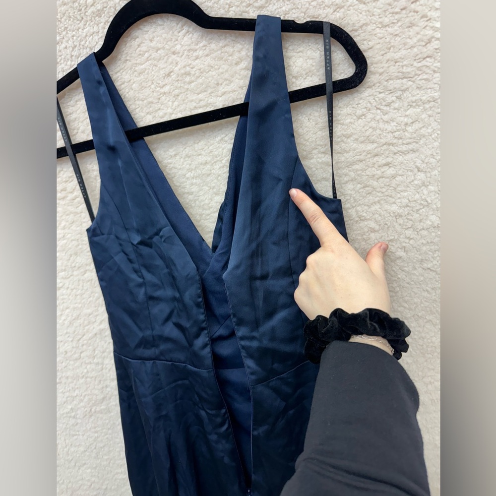*Size 2 - AFTER SIX - Faux Wrap Satin Maxi Dress Tulip Skirt Navy Blue NEW $261 - Picture 8 of 13